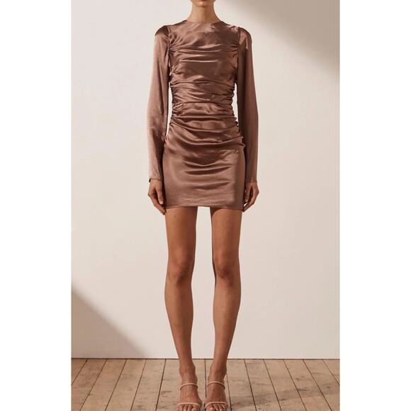SHONA JOY 'Lily' Long Sleeve Ruched Mini Dress in Clove NWT $295 US 6 - Picture 2 of 16